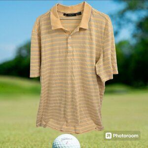 Bobby Jones Golf Polo Shirt Size L Soft Yellow With Baby Blue Stripes Cotton EUC